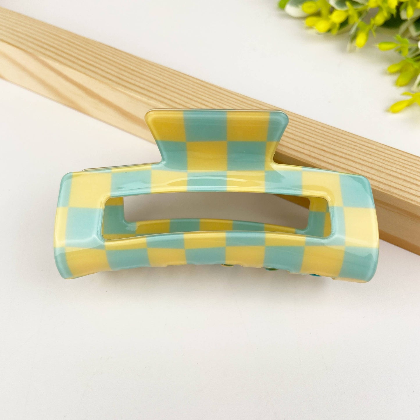 Pince à cheveux rétro en damier: Jaune vert