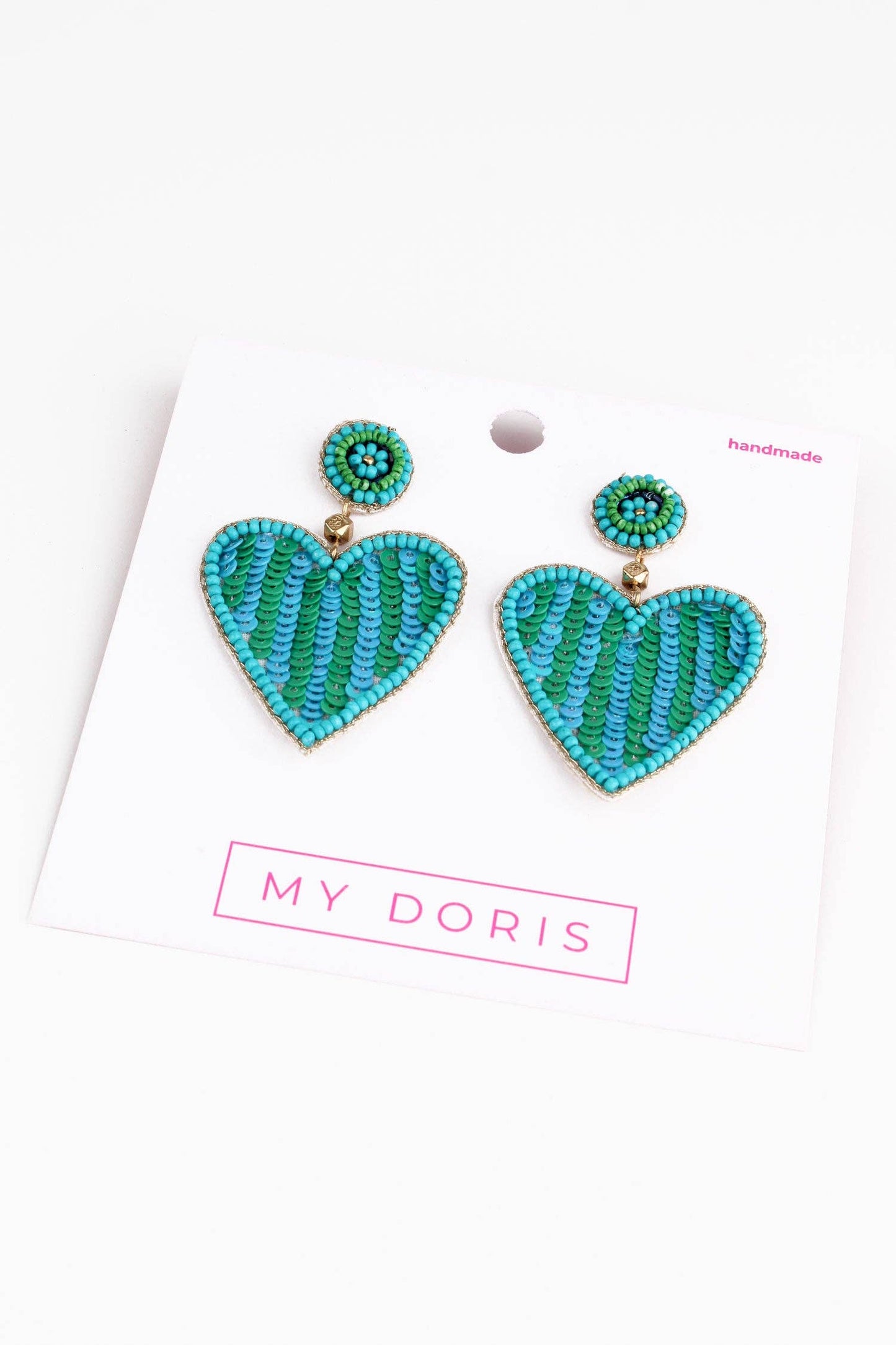 BOUCLES D'OREILLES CŒUR À RAYURES VERTES ET TURQUOISE EN PERLES