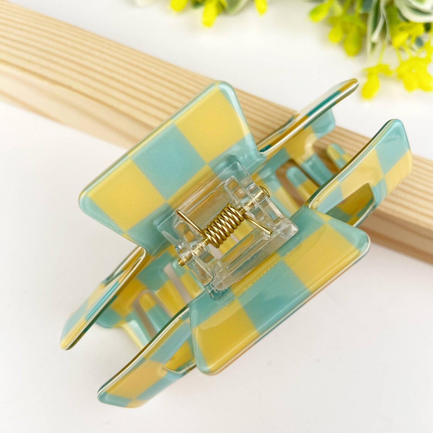Pince à cheveux rétro en damier: Jaune vert