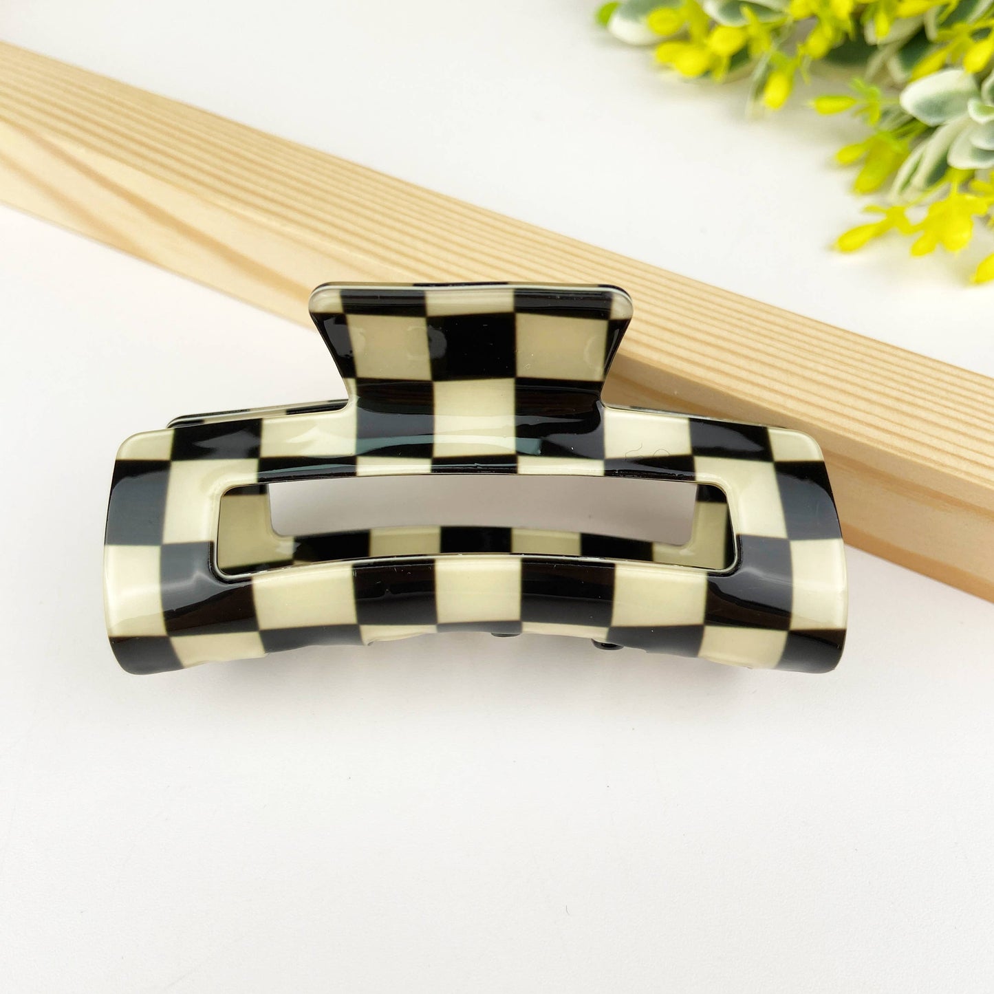 Pince à cheveux rétro en damier: Beige noir