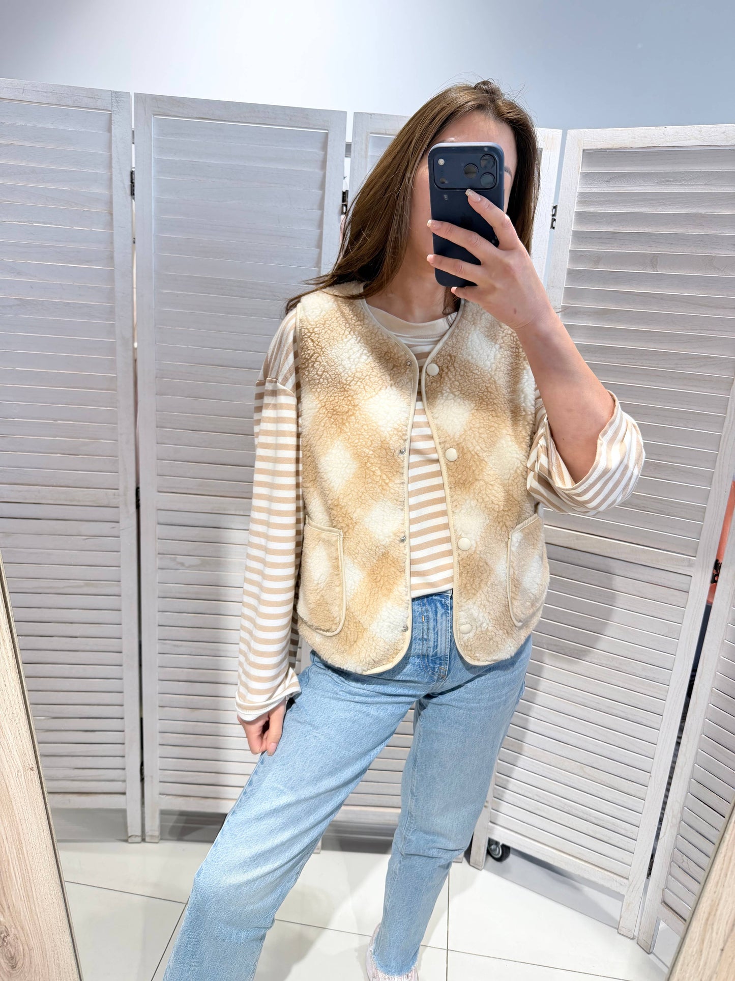 Gilet imprimé carreaux et rayures: Beige / TU