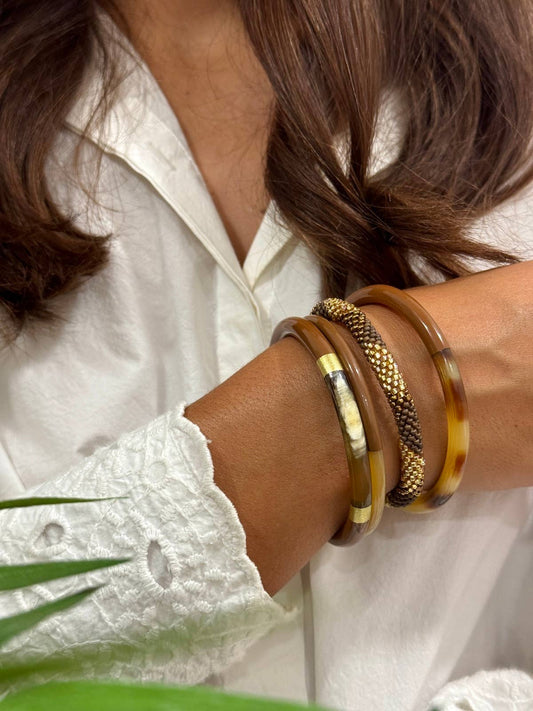 Jonc laqué en corne de buffle Milk chocolate et doré