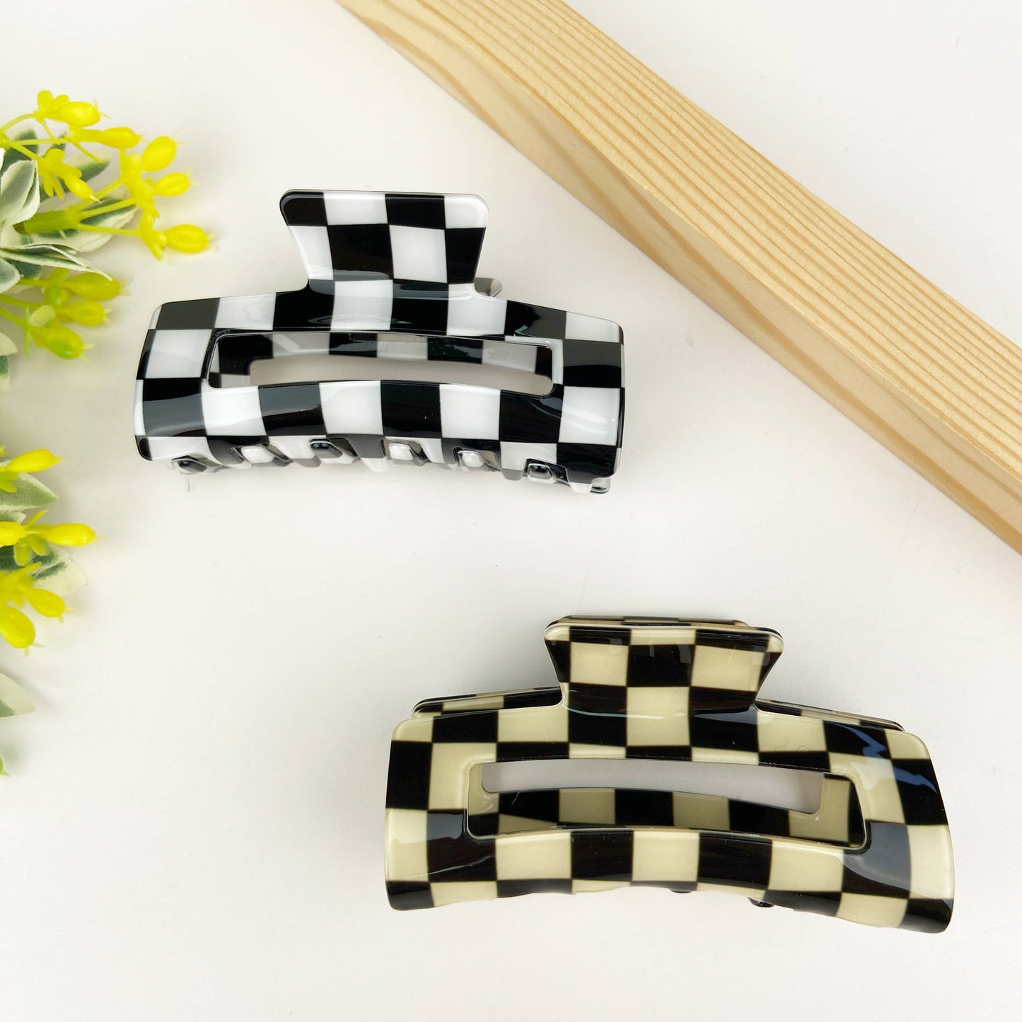 Pince à cheveux rétro en damier: Beige noir