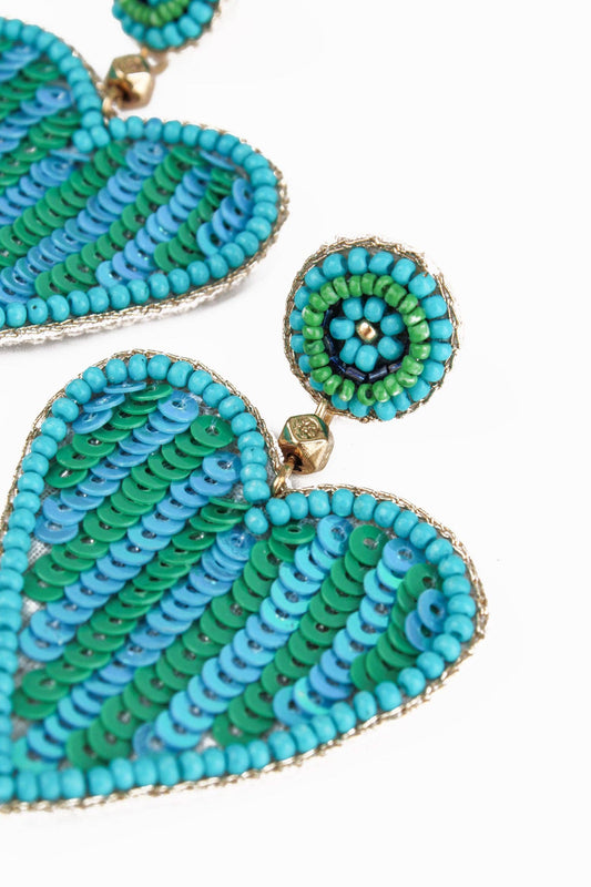 BOUCLES D'OREILLES CŒUR À RAYURES VERTES ET TURQUOISE EN PERLES