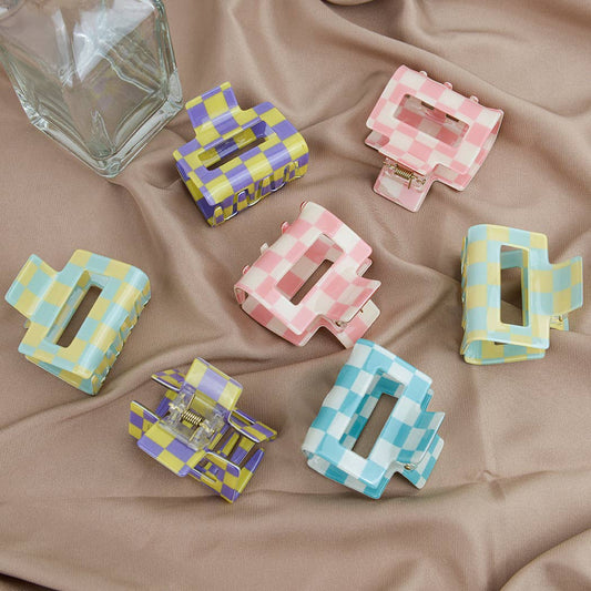 Pince à cheveux moyenne en acétate à motif damier carré: Bleu Jaune