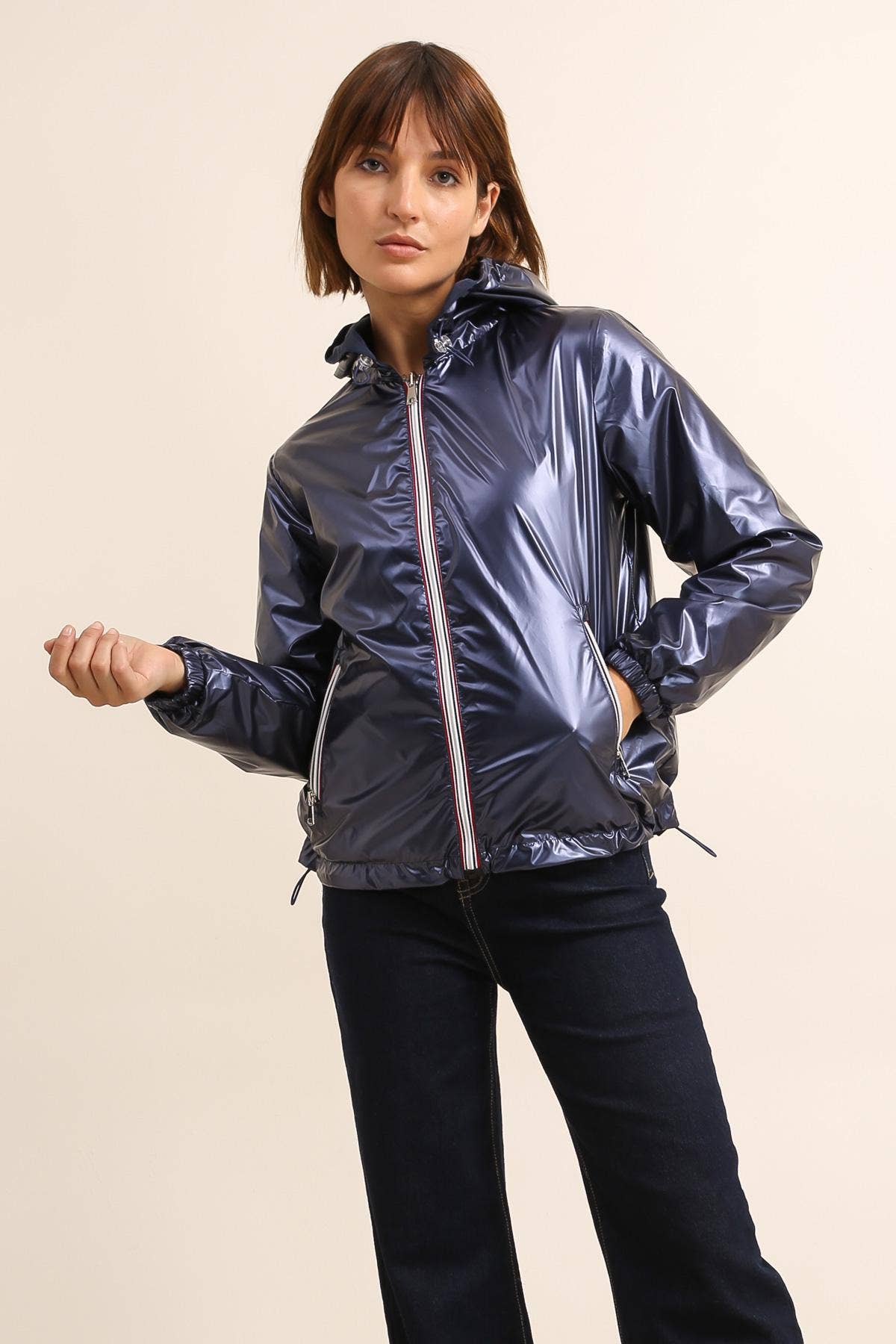 Veste imperméable réversible courte à capuche: Bleu jean