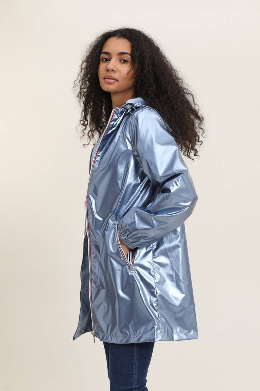 Veste imperméable réversible longue à capuche: Bleu jean