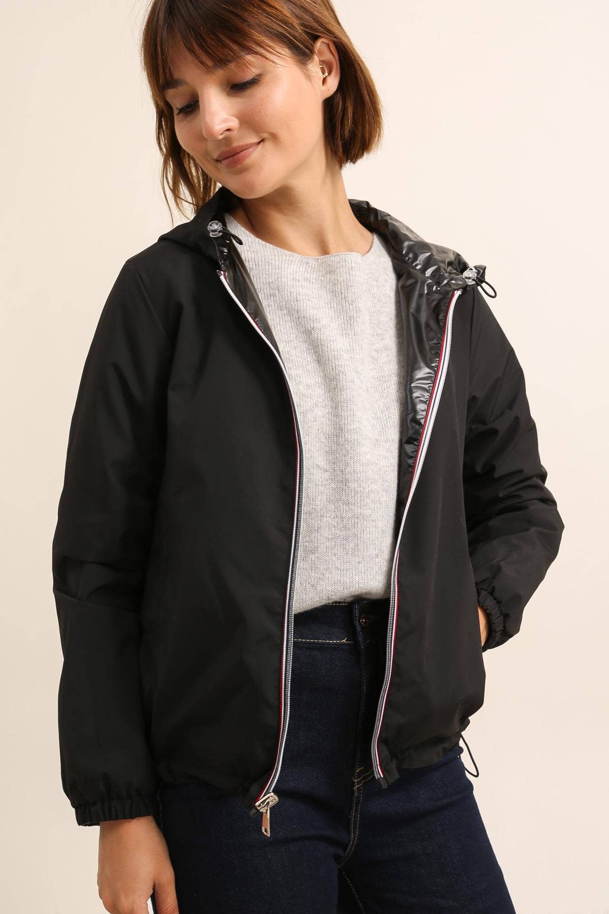 Veste imperméable réversible courte à capuche: Bleu jean