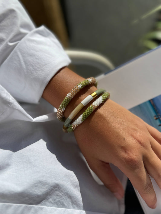 Jonc laqué en corne de buffle Multicolore Kaki Blanc Doré