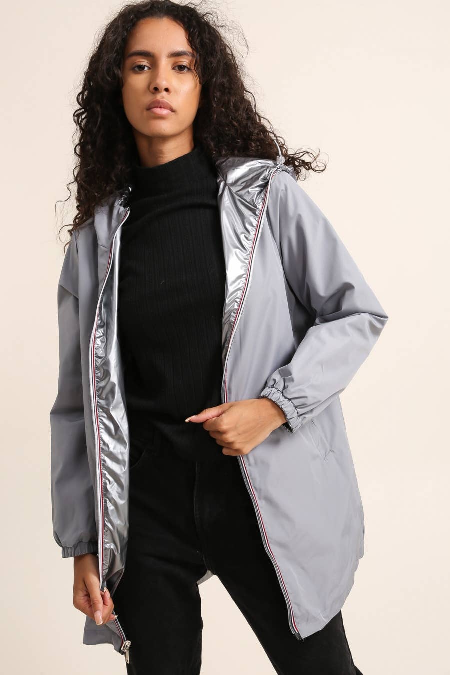 Veste imperméable réversible longue à capuche: Blanc