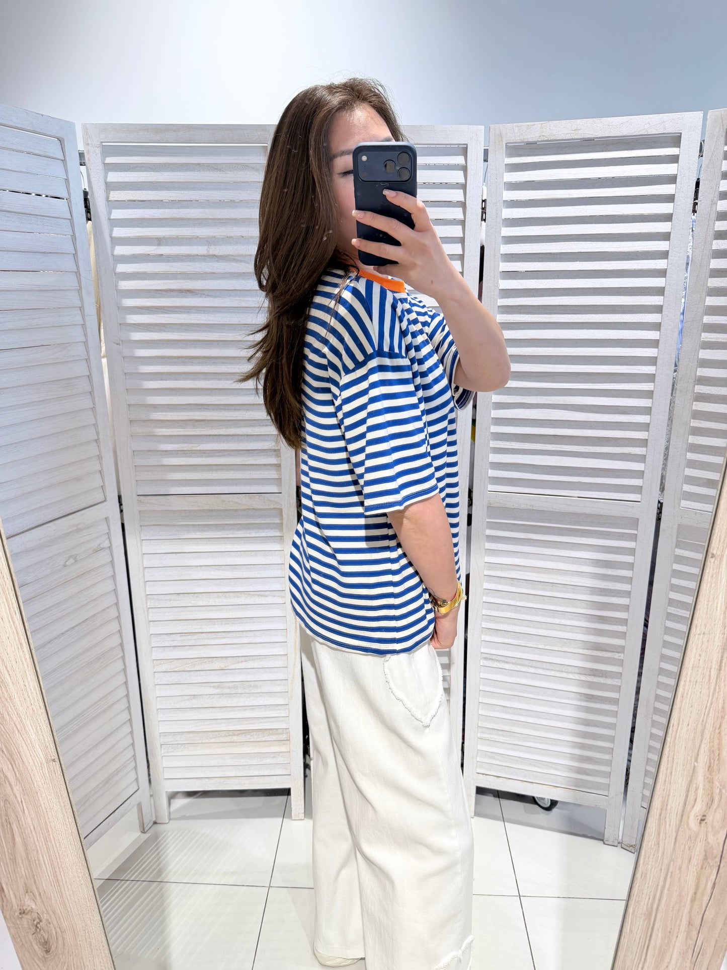 T-shirt rayé col rond: Bleu / TU