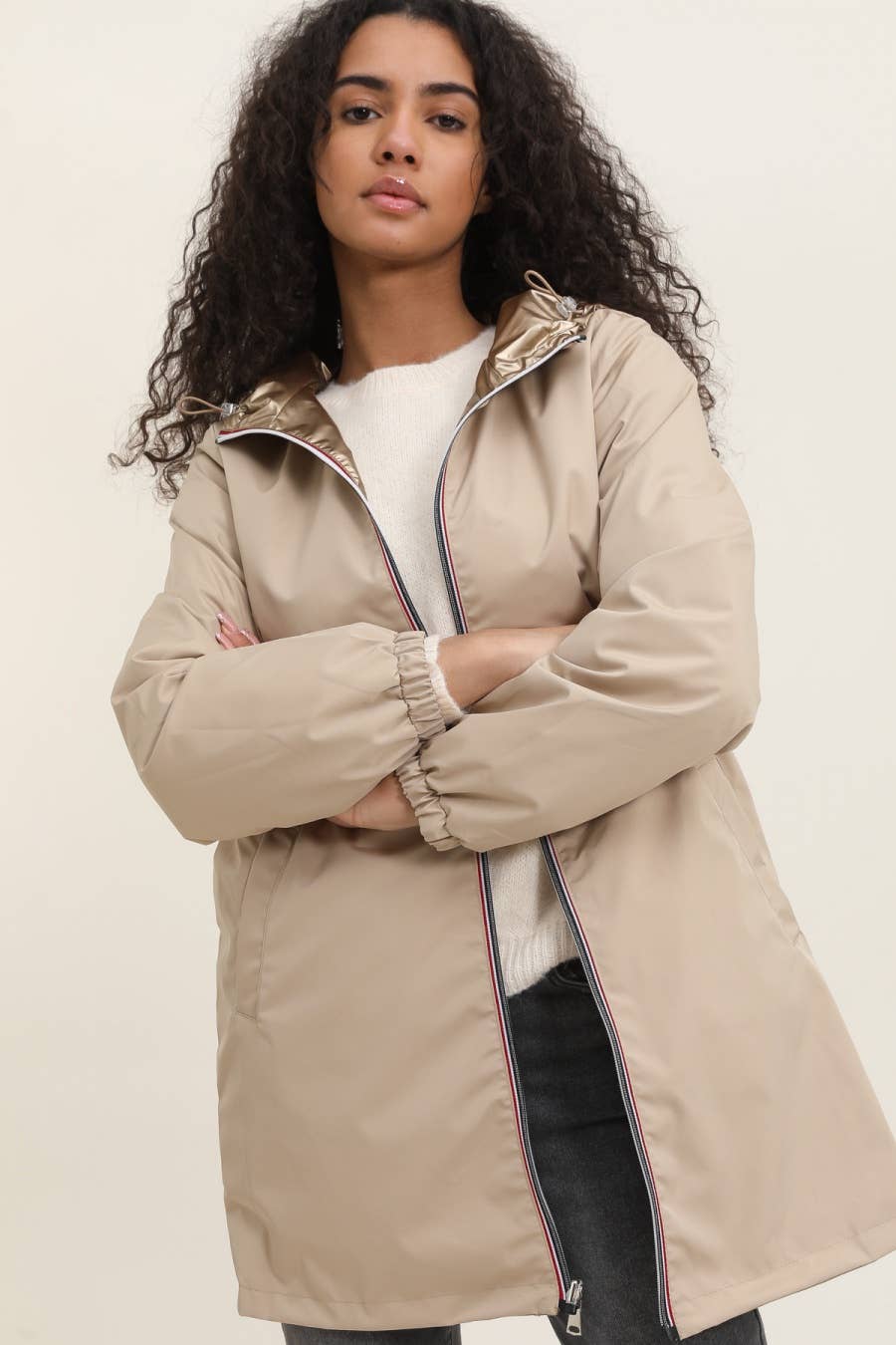 Veste imperméable réversible longue à capuche: Blanc
