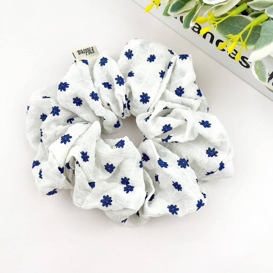 Chouchou fleuri bleu et blanc, attache-cheveux en tissu doux: White / Large