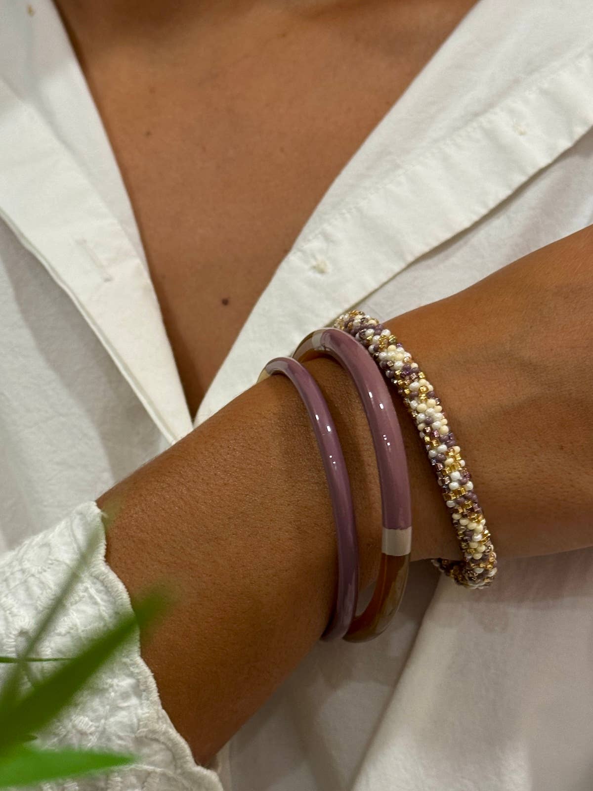 Jonc laqué en corne de buffle  Mauve poudré