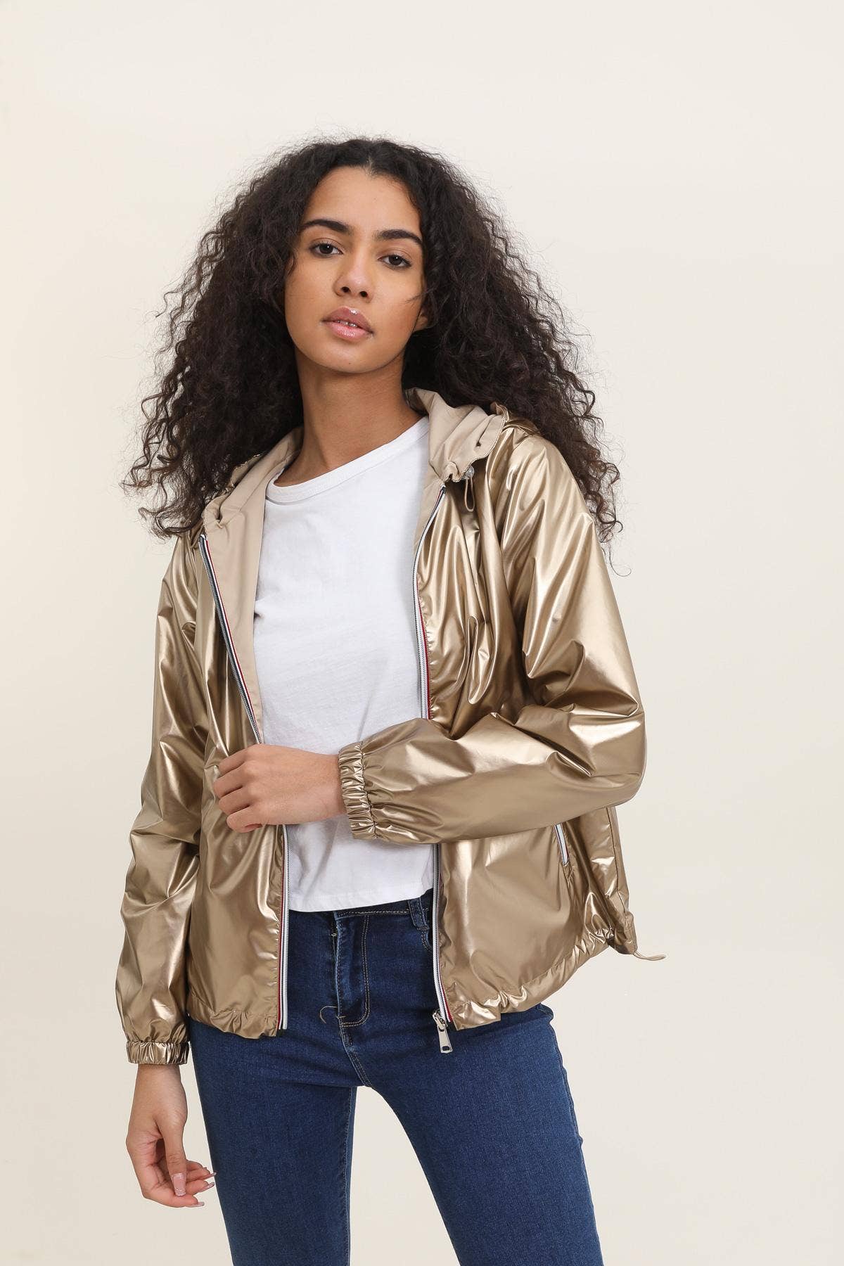 Veste imperméable réversible courte à capuche: Bleu jean
