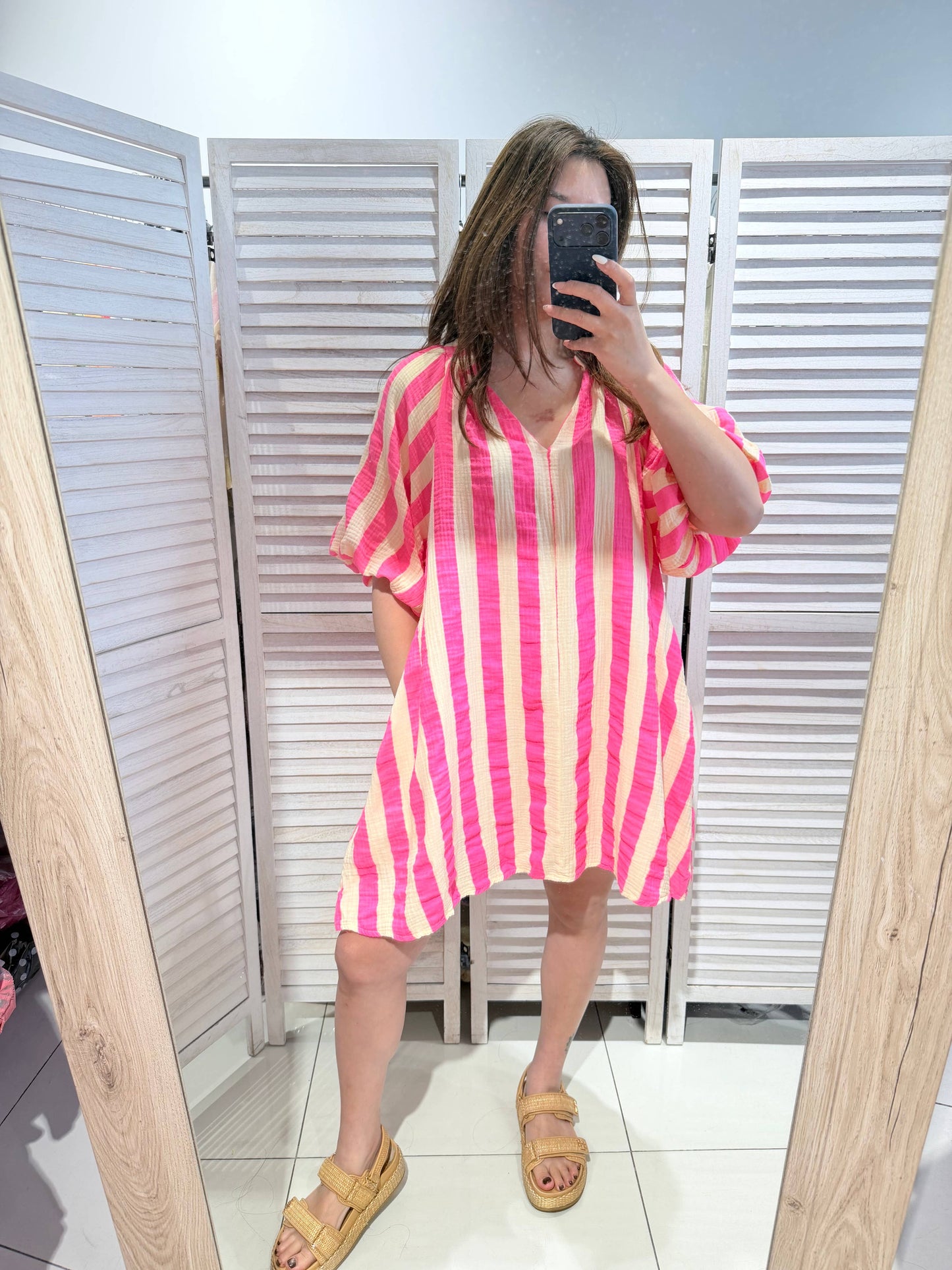 Robe courte à rayures: Jaune / Fushia