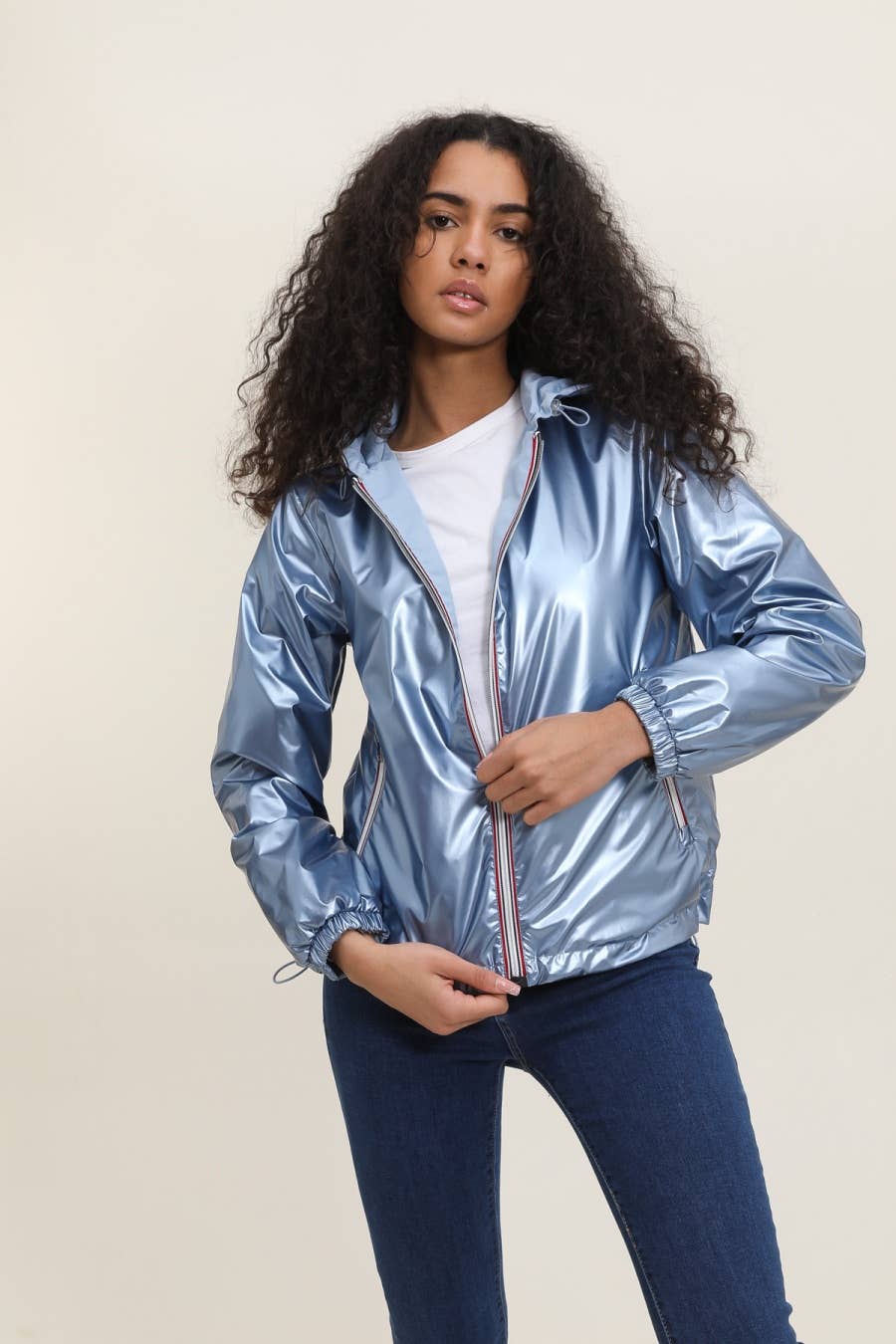 Veste imperméable réversible courte à capuche: Bleu jean