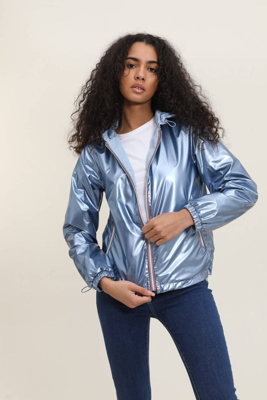 Veste imperméable réversible courte à capuche: Bleu jean