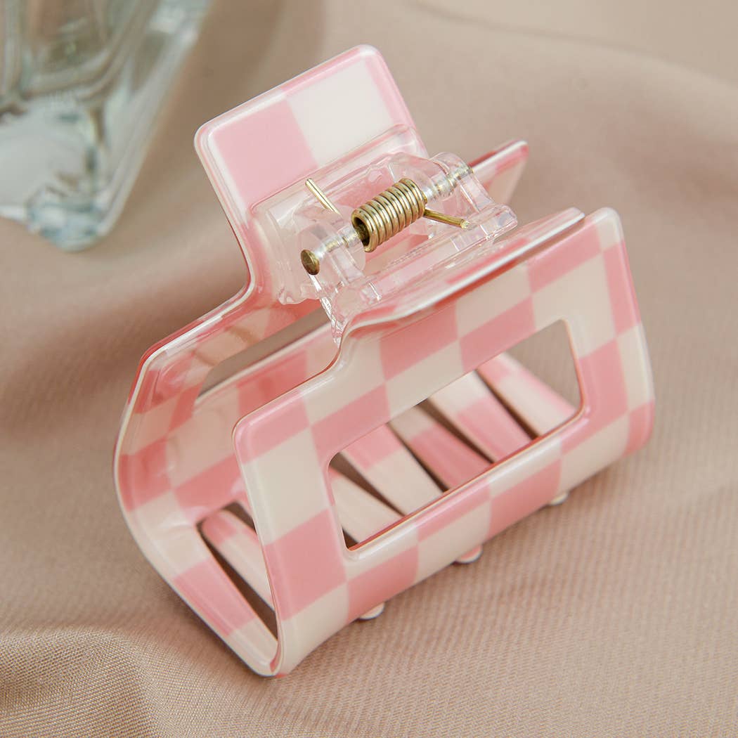 Pince à cheveux carrée damier rose