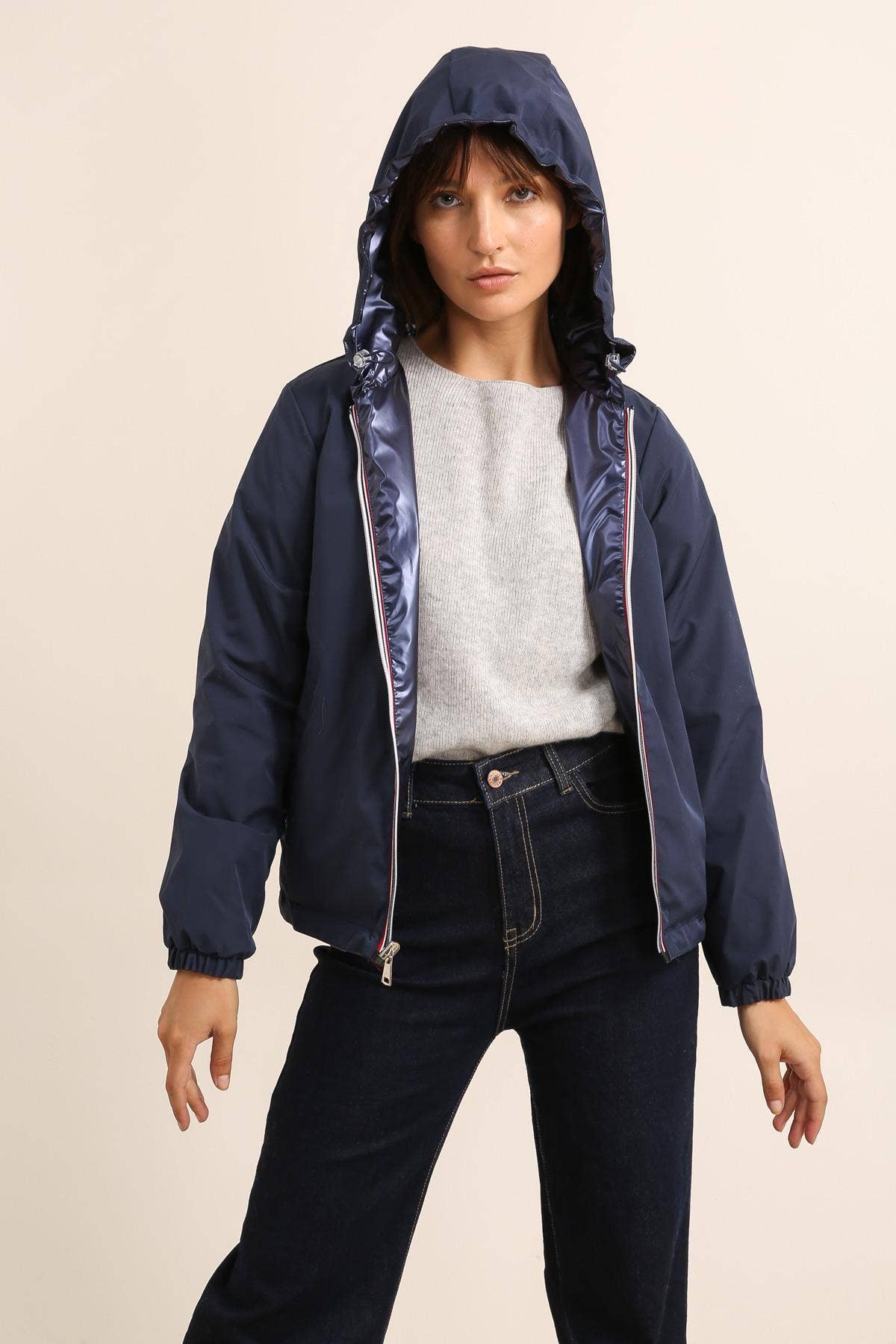 Veste imperméable réversible courte à capuche: Bleu jean