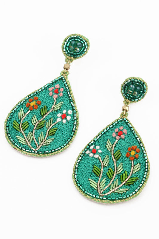 BOUCLES D'OREILLES GOUTTE FOLKLORE FLORALE BRODERIE BLEUE - DupontDupont