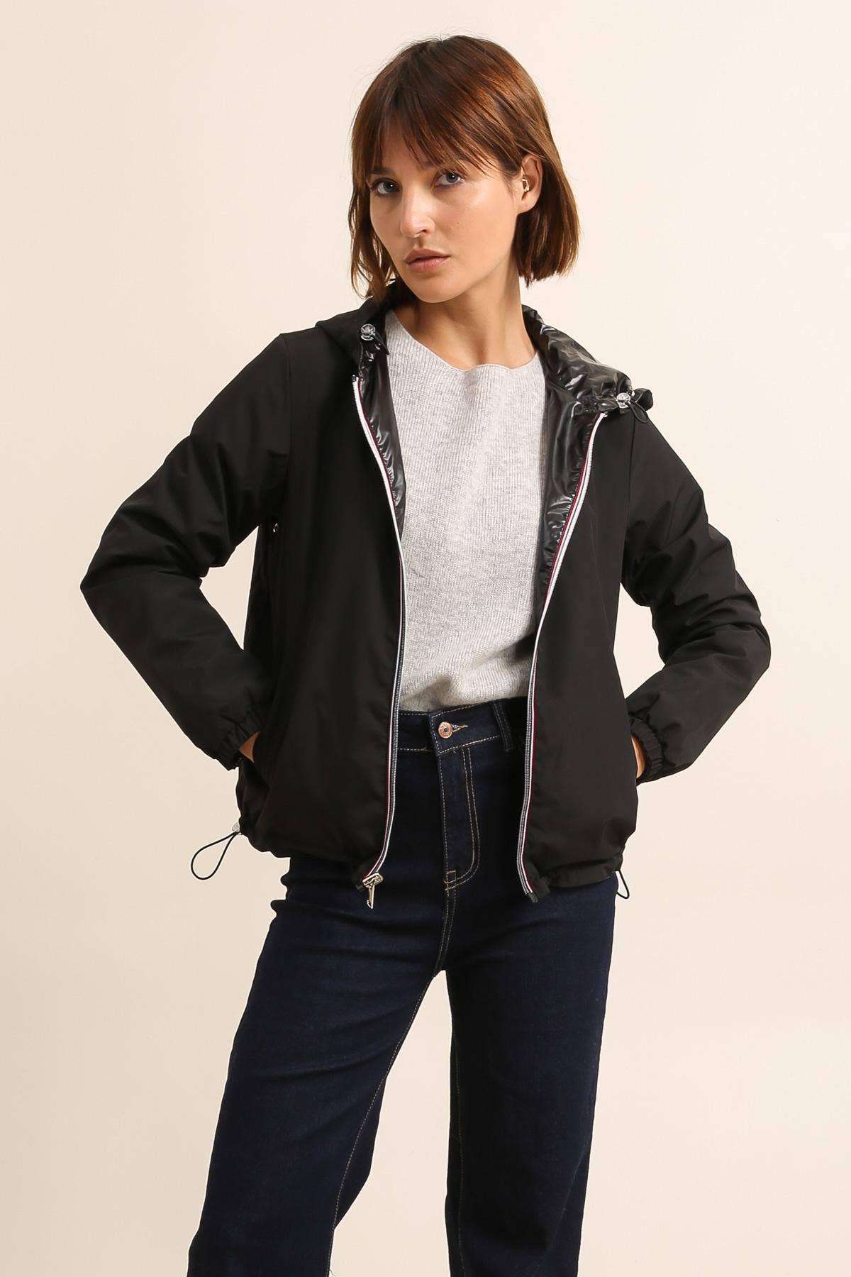 Veste imperméable réversible courte à capuche: Bleu jean