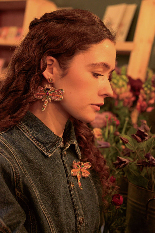 BOUCLE D'OREILLE LIBELLULE ROSE