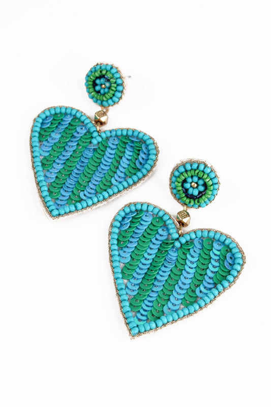 BOUCLES D'OREILLES CŒUR À RAYURES VERTES ET TURQUOISE EN PERLES