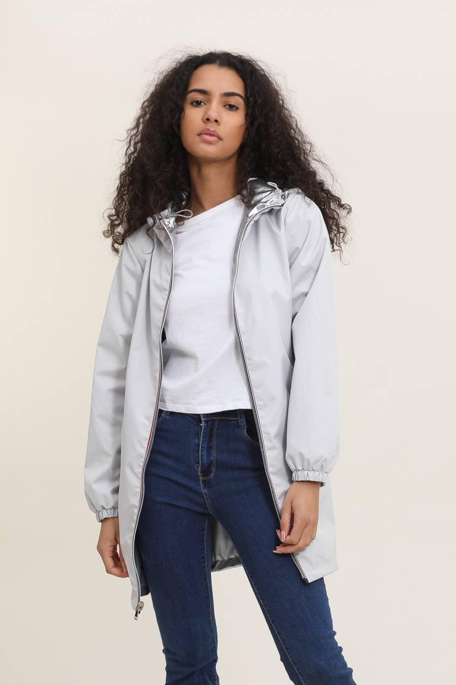 Veste imperméable réversible longue à capuche: Bleu jean