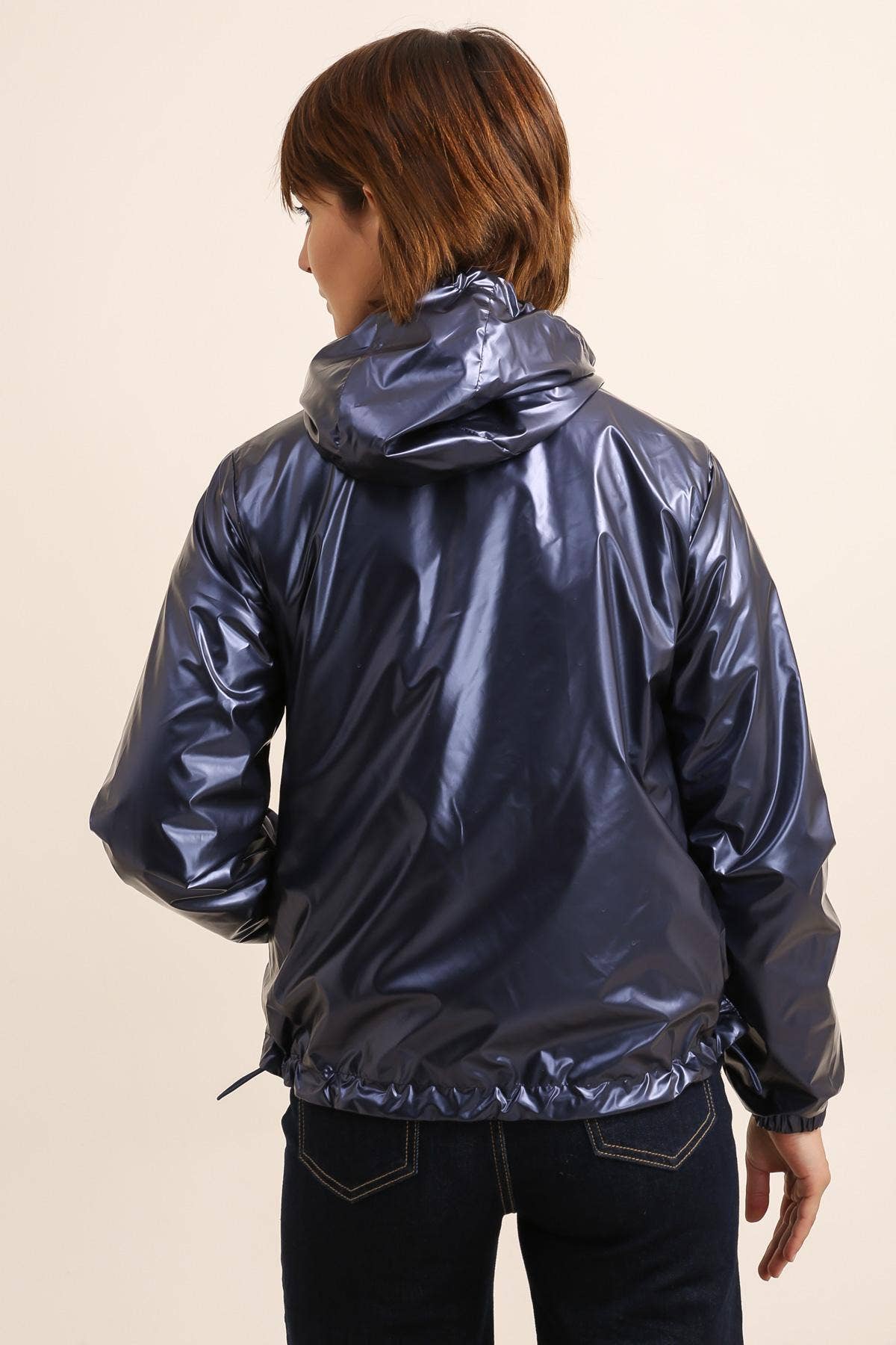 Veste imperméable réversible courte à capuche: Bleu jean