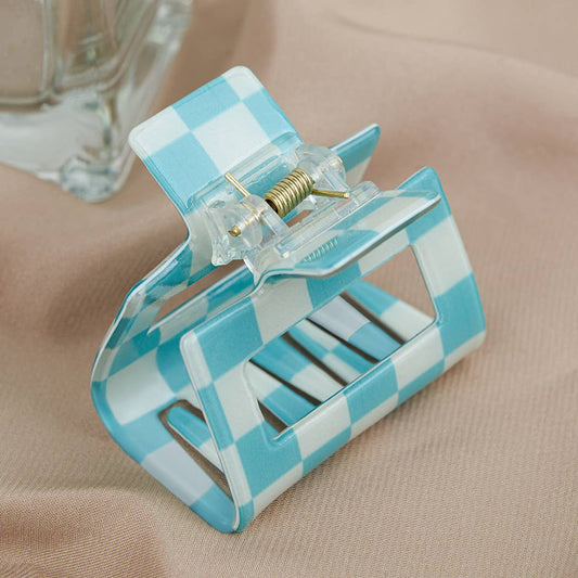 Pince à cheveux moyenne en acétate à motif damier carré: Bleu Blanc