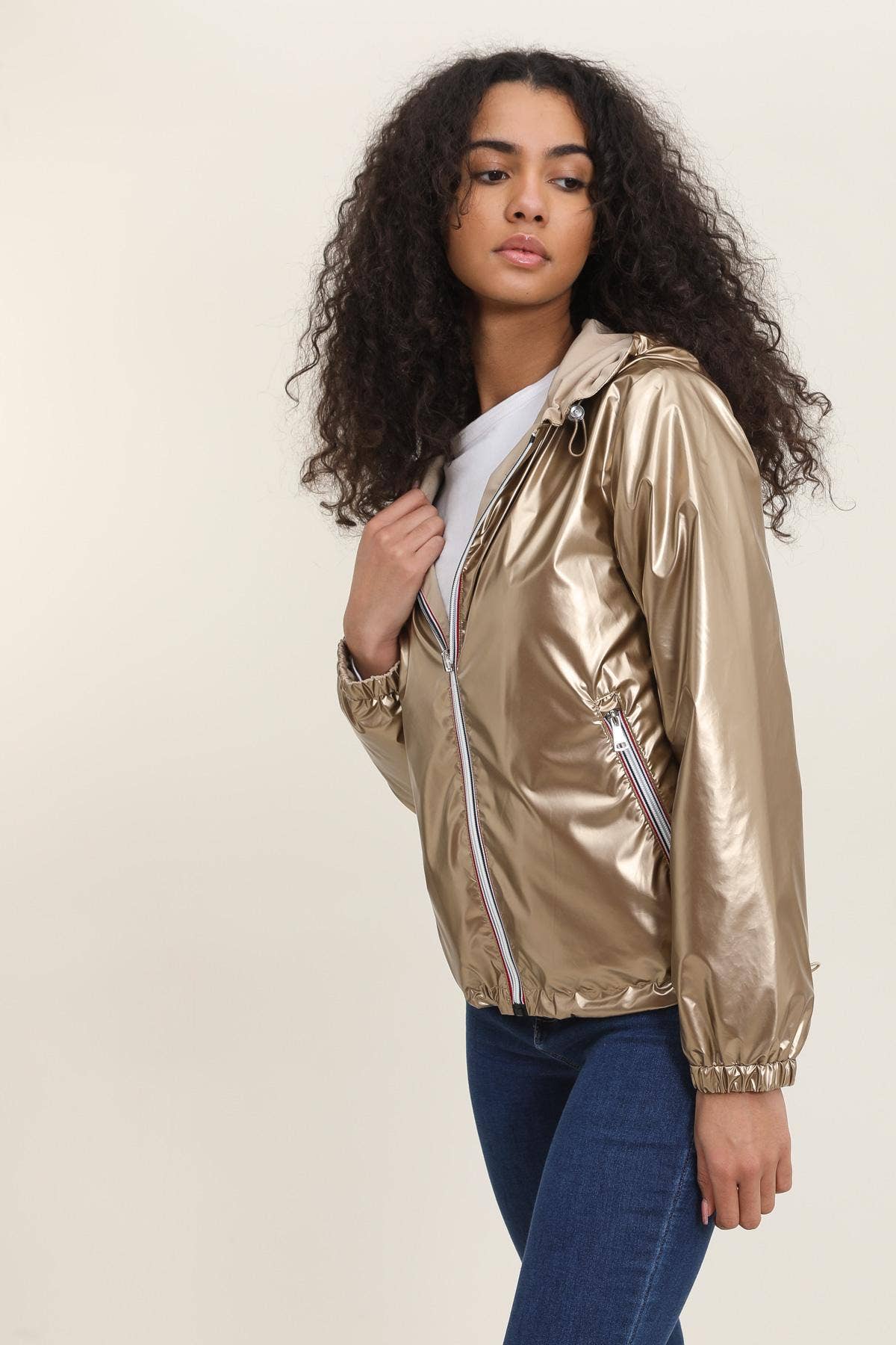 Veste imperméable réversible courte à capuche: Bleu jean