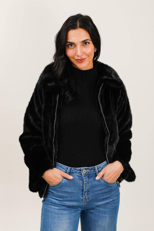 Veste avec col en fausse fourrure: Noir