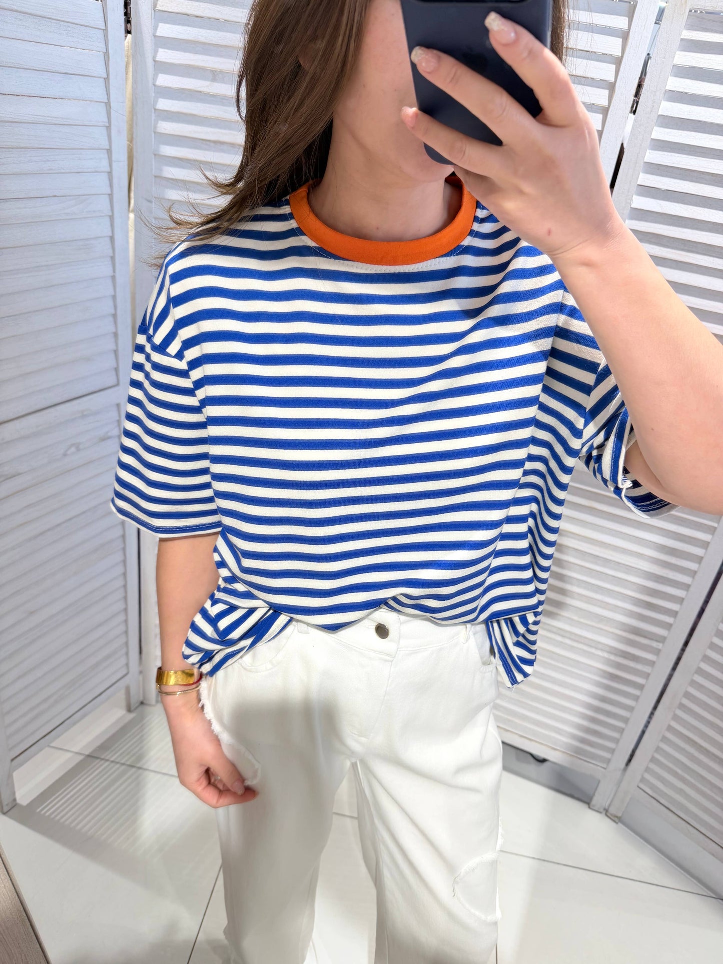 T-shirt rayé col rond: Bleu / TU