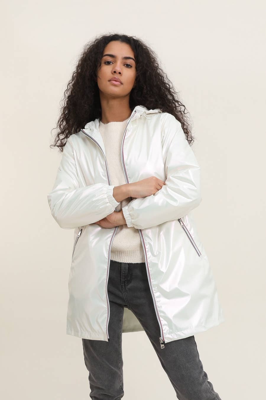 Veste imperméable réversible longue à capuche: Blanc