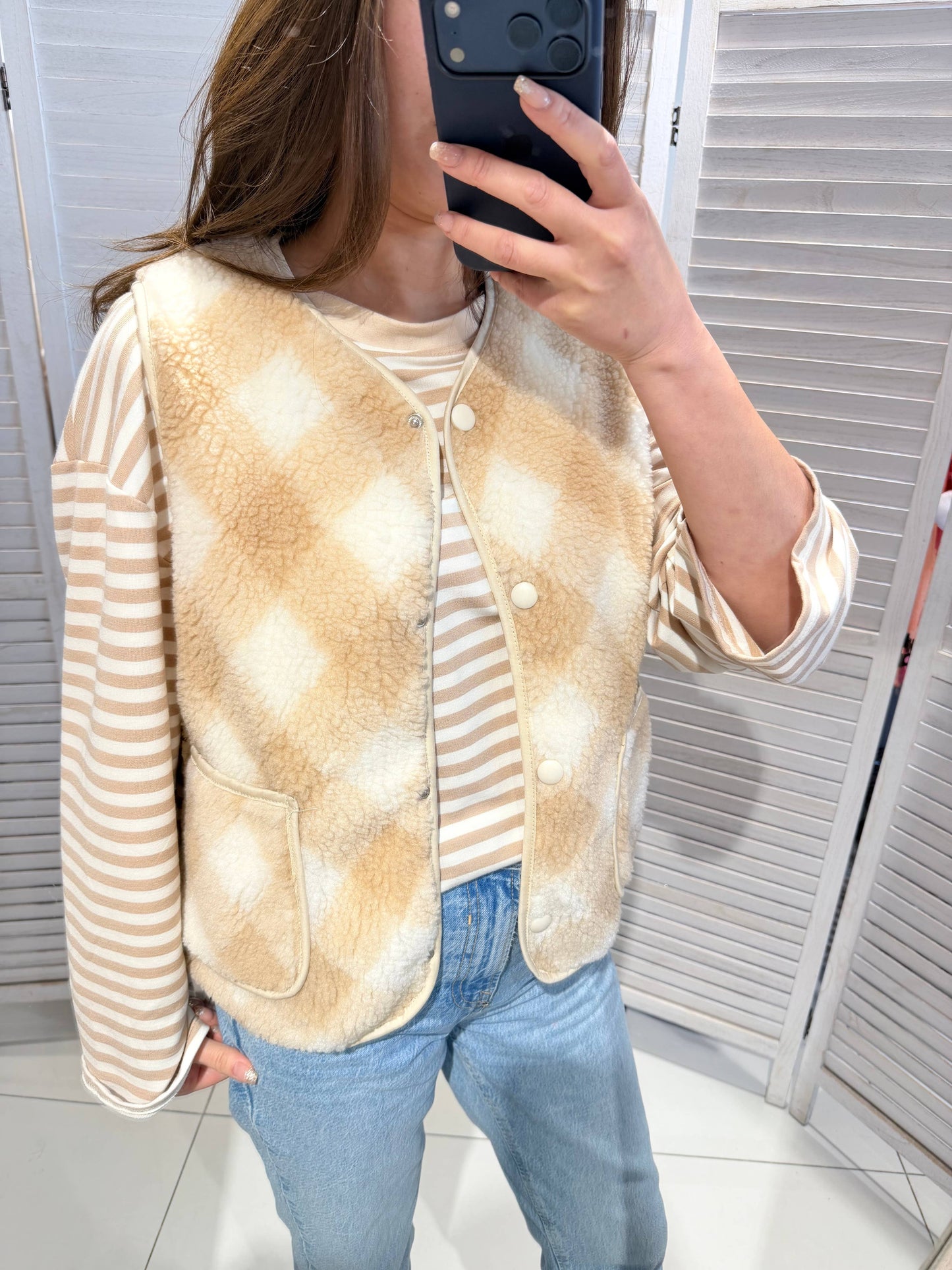 Gilet imprimé carreaux et rayures: Beige / TU