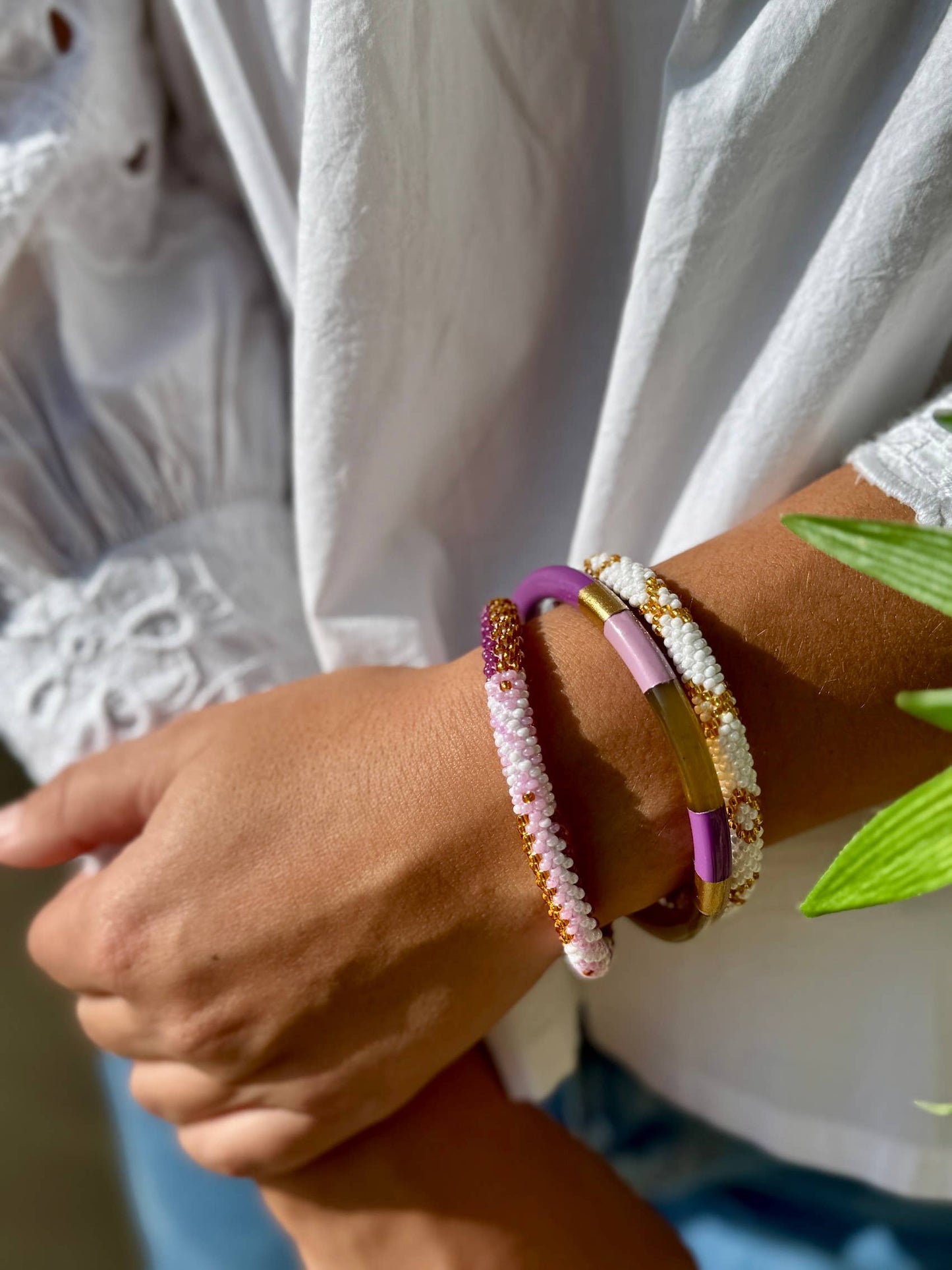 Jonc laqué en corne de buffle Multicolore Aubergine et rose