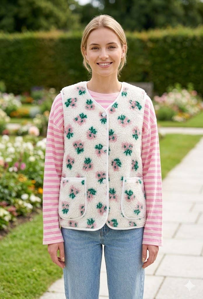 Gilet fleuri en fausse fourrure: Blanc / Taille unique