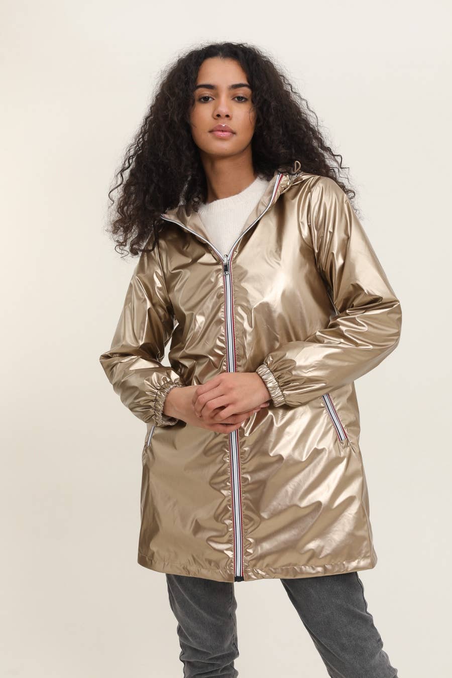 Veste imperméable réversible longue à capuche: Bleu jean