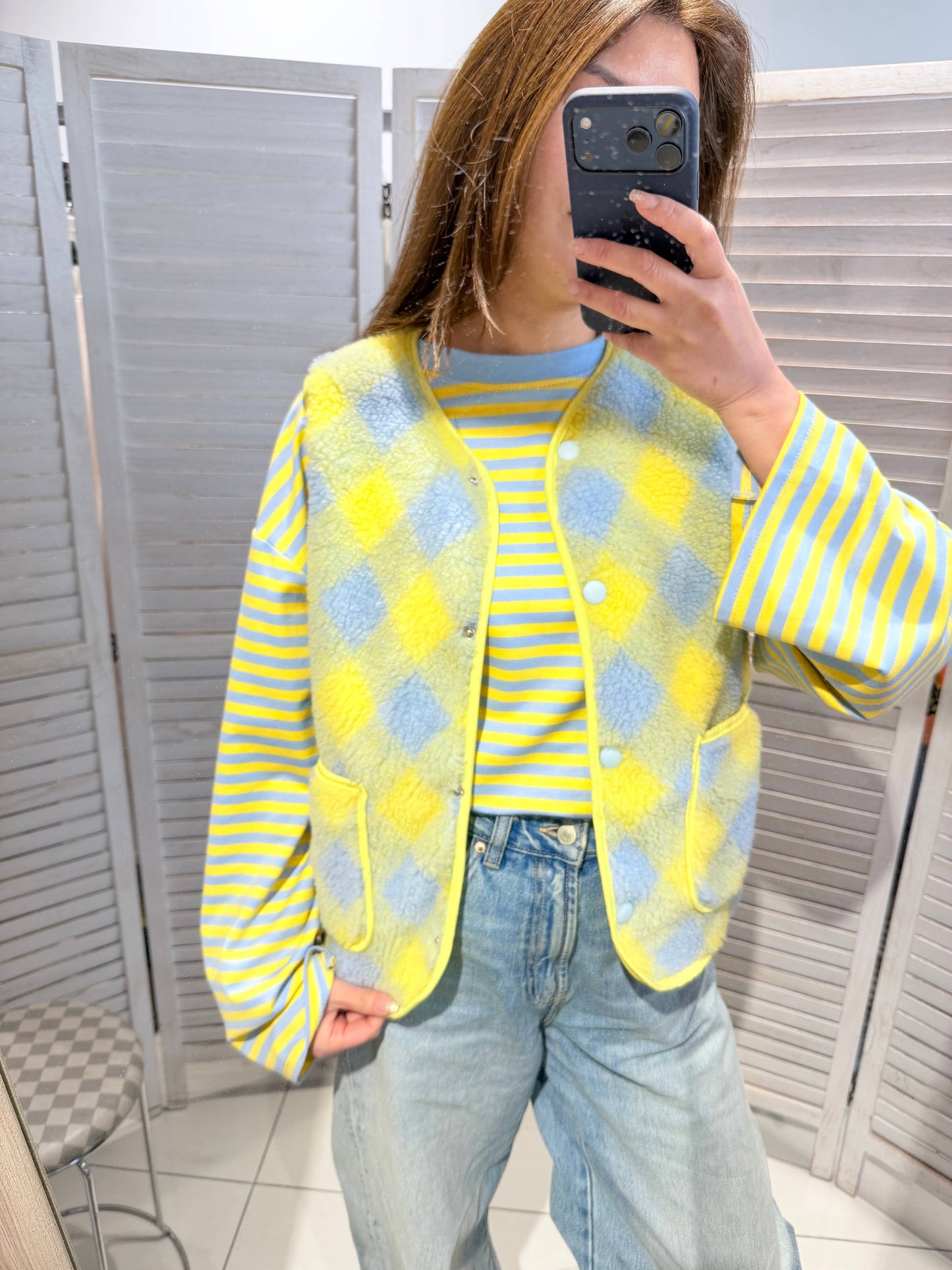 Gilet à carreaux et rayures: Jaune / TU