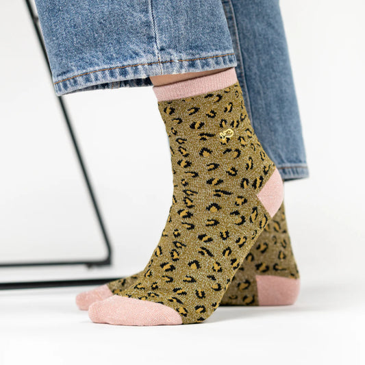 Chaussettes pailletées léopard olive