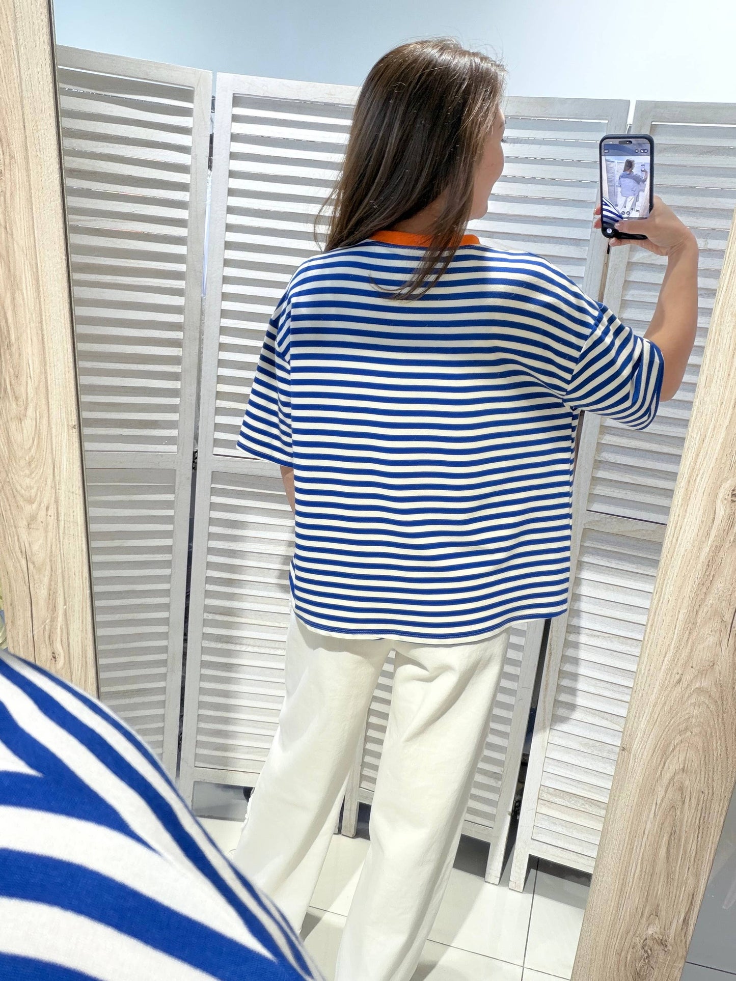 T-shirt rayé col rond: Bleu / TU