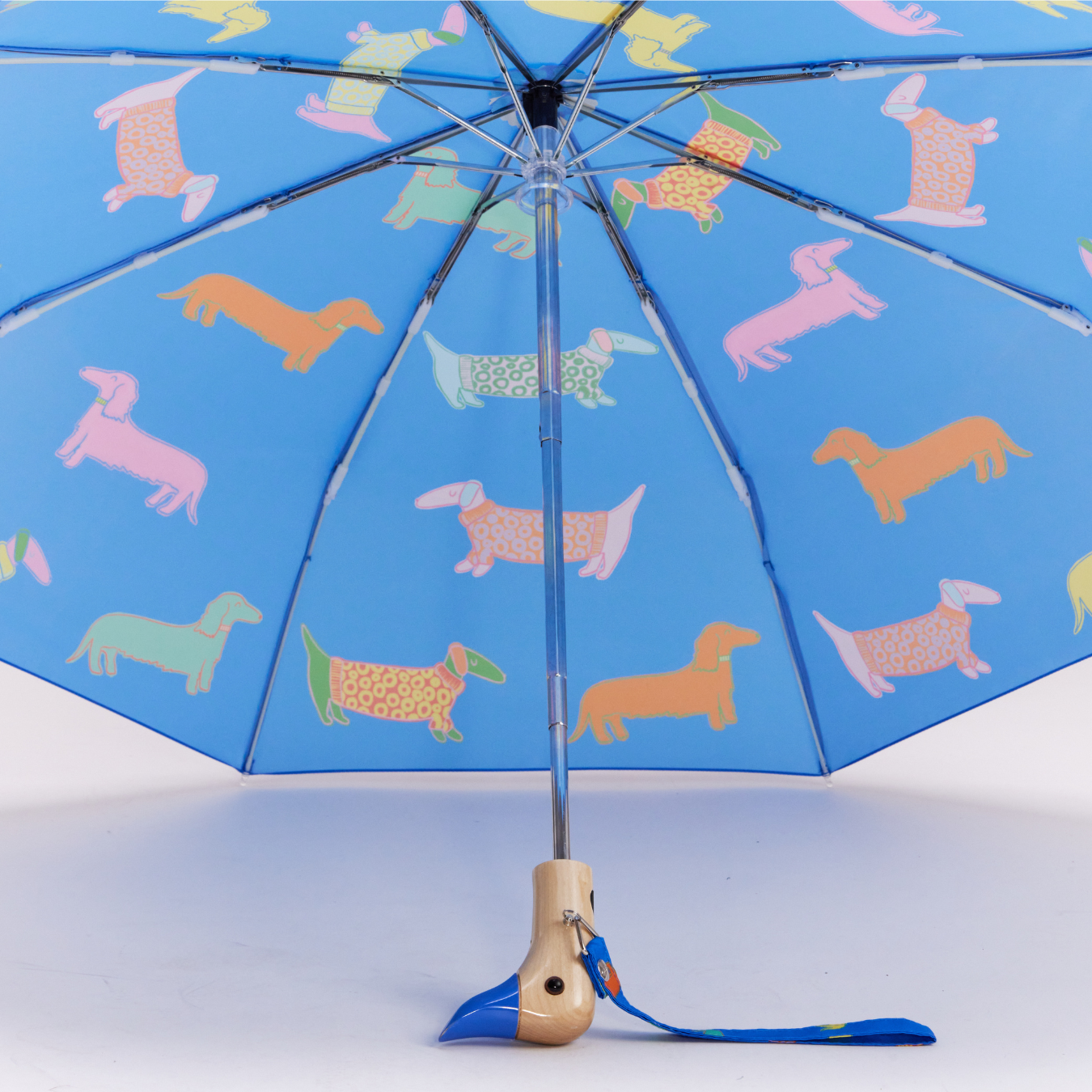 Parapluies tête de canard avec motif chiens, bleu et rose