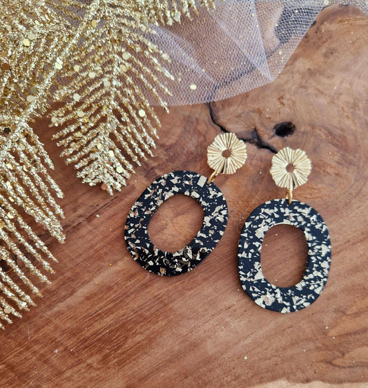 Boucles d'oreilles Ovale noir/feuilles or
