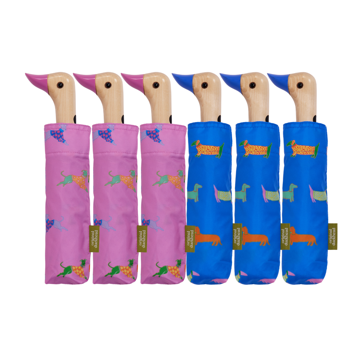 Parapluies tête de canard avec motif chiens, bleu et rose