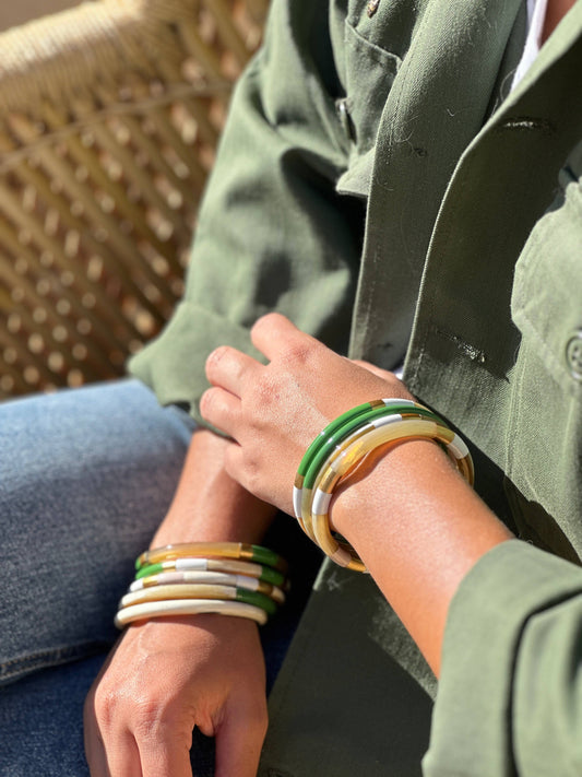 Jonc laqué en corne de buffle Blanc Doré Vert