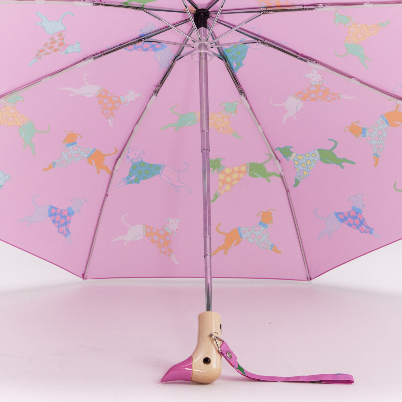 Parapluies tête de canard avec motif chiens, bleu et rose