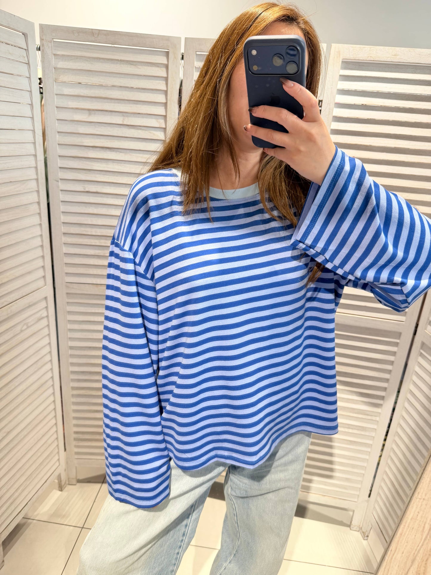 T-shirt rayé à manches longues: Bleu / TU