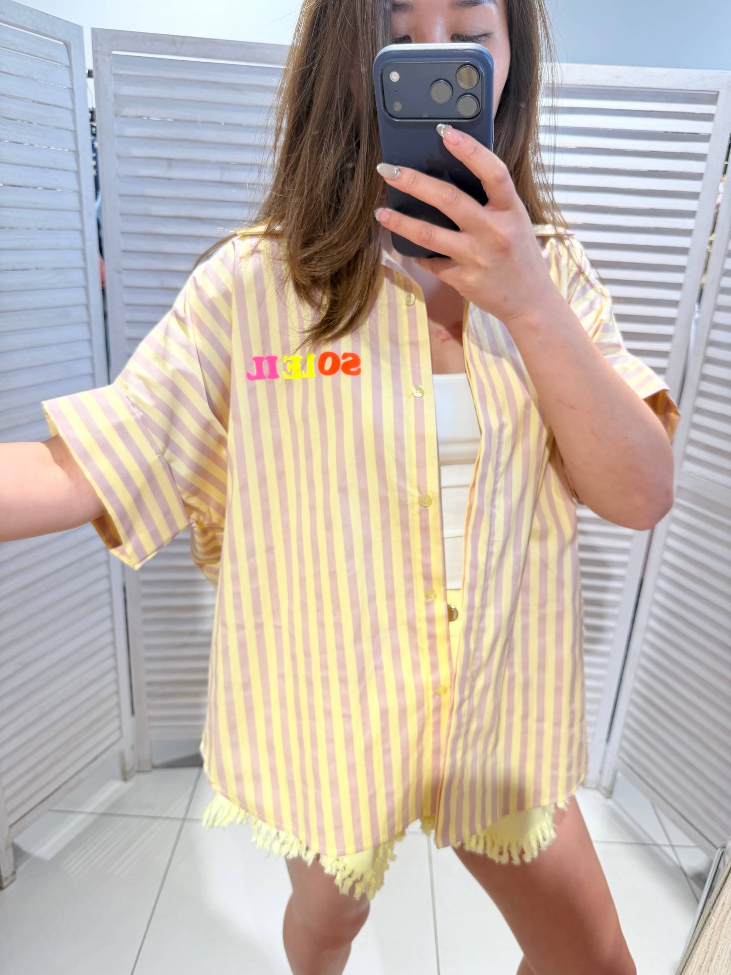 Blouse rayée à message: Jaune / TU