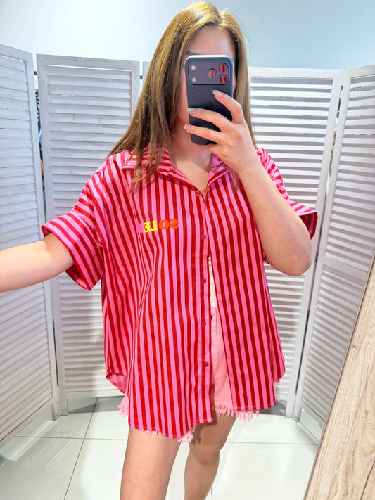 Blouse rayée à message: Rouge / TU